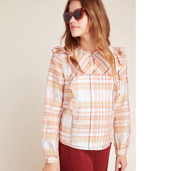 NWOT Anthropologie Polly Ruffled Peasant Blouse Plaid Top Medium - Picture 4 of 16